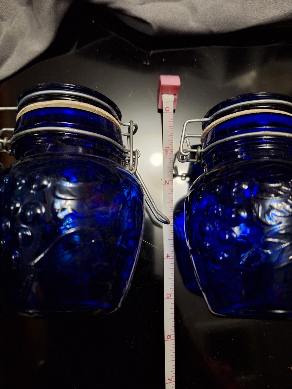 Vintage Cobalt Blue Glass Fruit Embossed Jars - Set of 2 - Wire Bale Lid - Picture 2 of 7